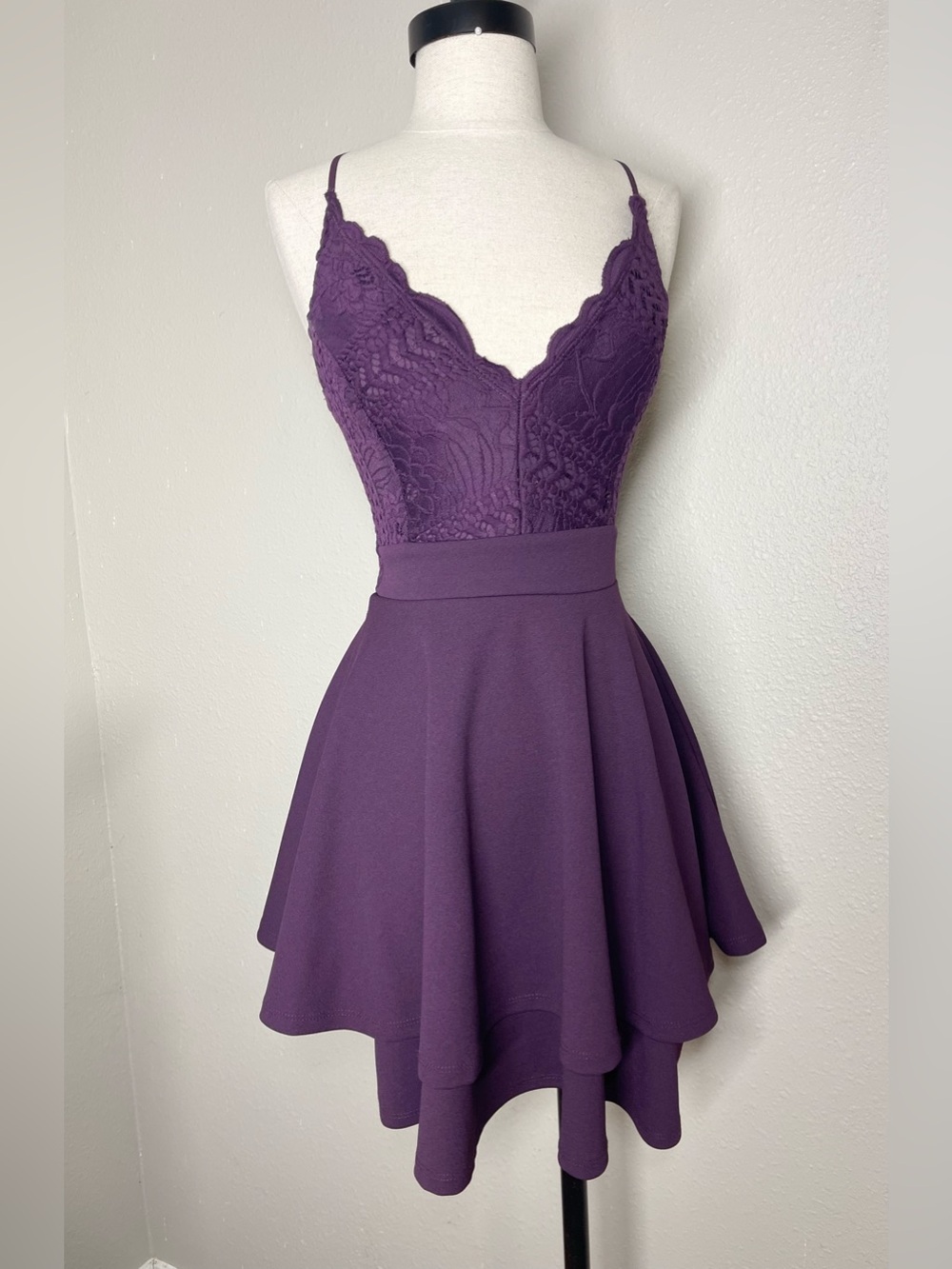 Windsor Plum Lace Bodice Spaghetti Strap Skater Dress S